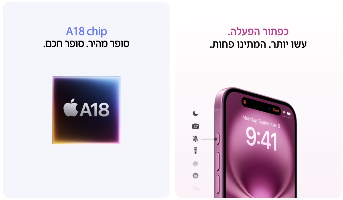 כפתור הפעלה. עשו יותר. המתינו פחות. A18 chip. סופר מהיר. סופר חכם